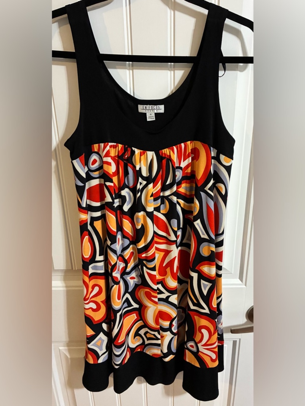 Enfocus Studio Black Dress with Red, Orange & Cream Abstract Swirl Print